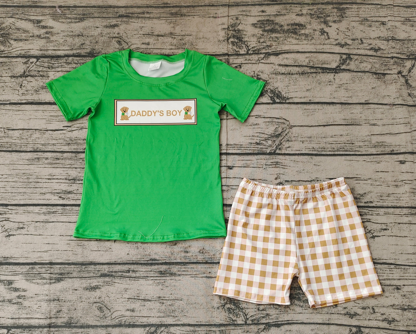 Baby Kids Short Sleeves Daddy's Boy Dogs Green Shirt Plaid Shorts Clothes Set