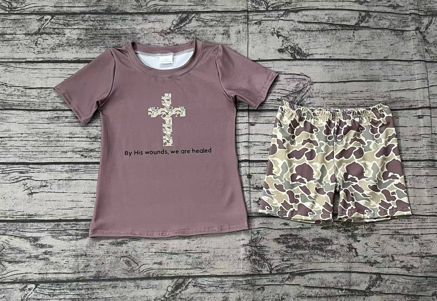 Baby Boy Short Sleeves Easter Cross Brown Shirt Camo Shorts Clothes Set RTS