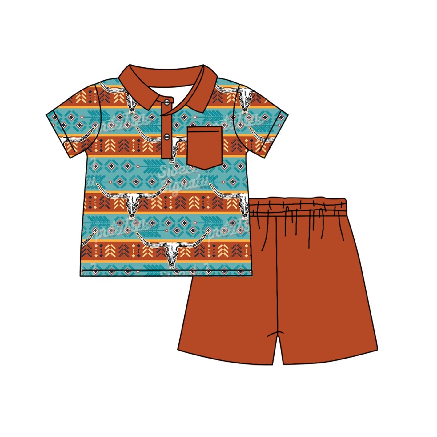Preorder Baby Boy Short Sleeves Western Cow Aztec Shirt Shorts Clothes Set