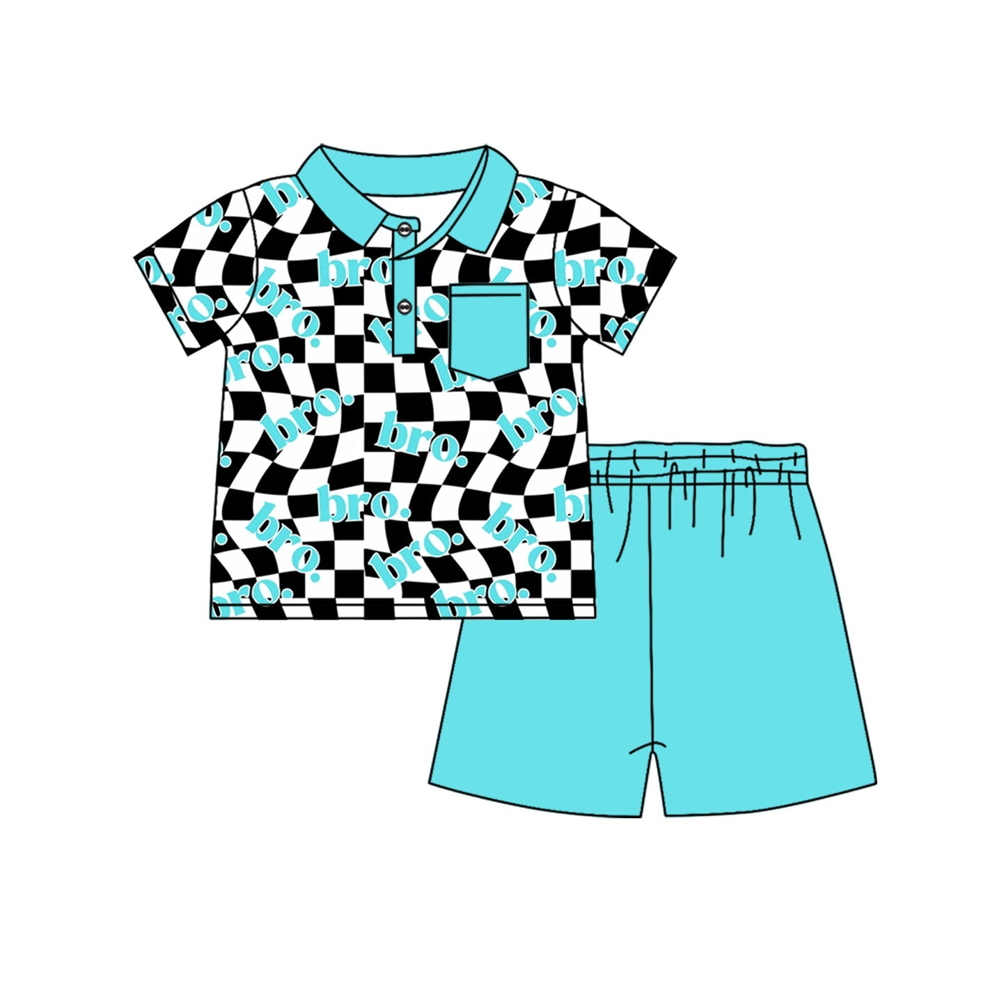 Preorder Baby Boy Short Sleeves Checkered Brother Buttons Pocket Shirt Blue Shorts Clothes Set
