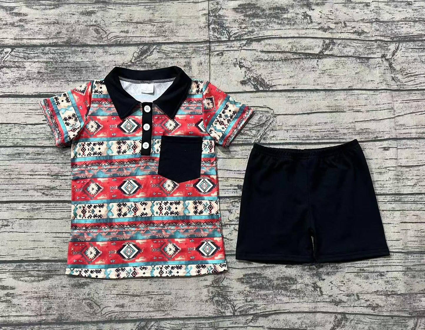 Baby Boy Short Sleeves Western Aztec Pocket Black Shirt Shorts Clothes Set