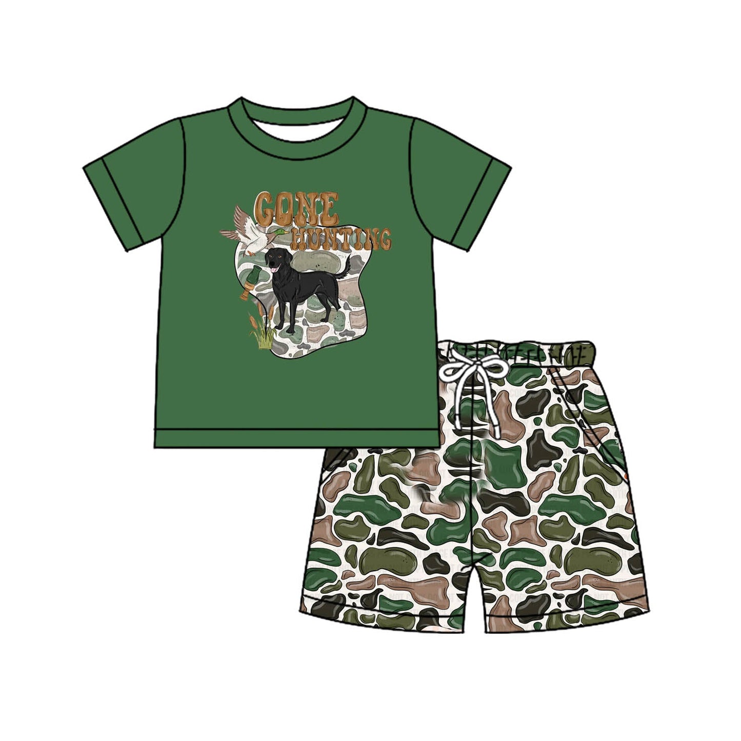 Preorder Baby Boy Short Sleeves Hunting With Daddy Dog Duck Green Shirt Camo Shorts Clothes Set