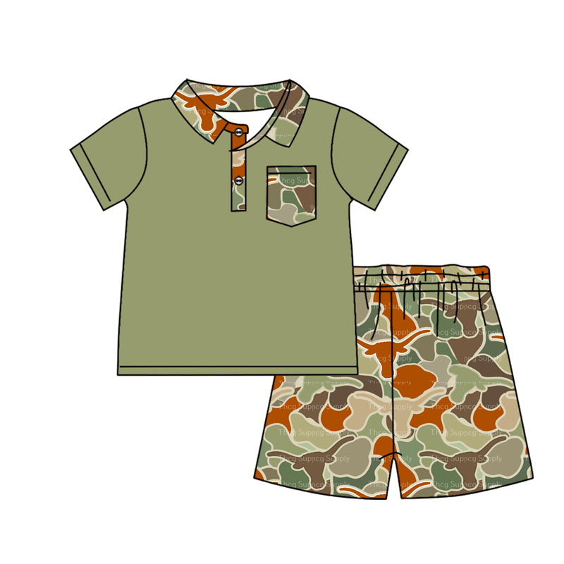 Preorder Baby Boy Short Sleeves Green Cow Camo Shirt Shorts Clothes Set