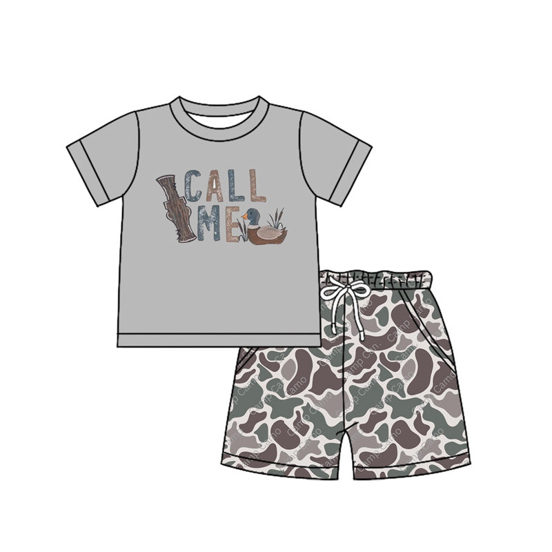 Preorder Baby Boy Short Sleeves Grey Duck Call Me Shirt Camo Shorts Clothes Set