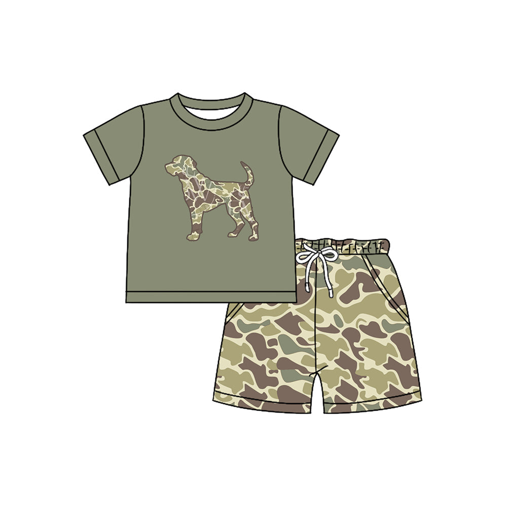 Preorder Baby Boy Short Sleeves Dog Green Shirt Camo Shorts Clothes Hunting Set