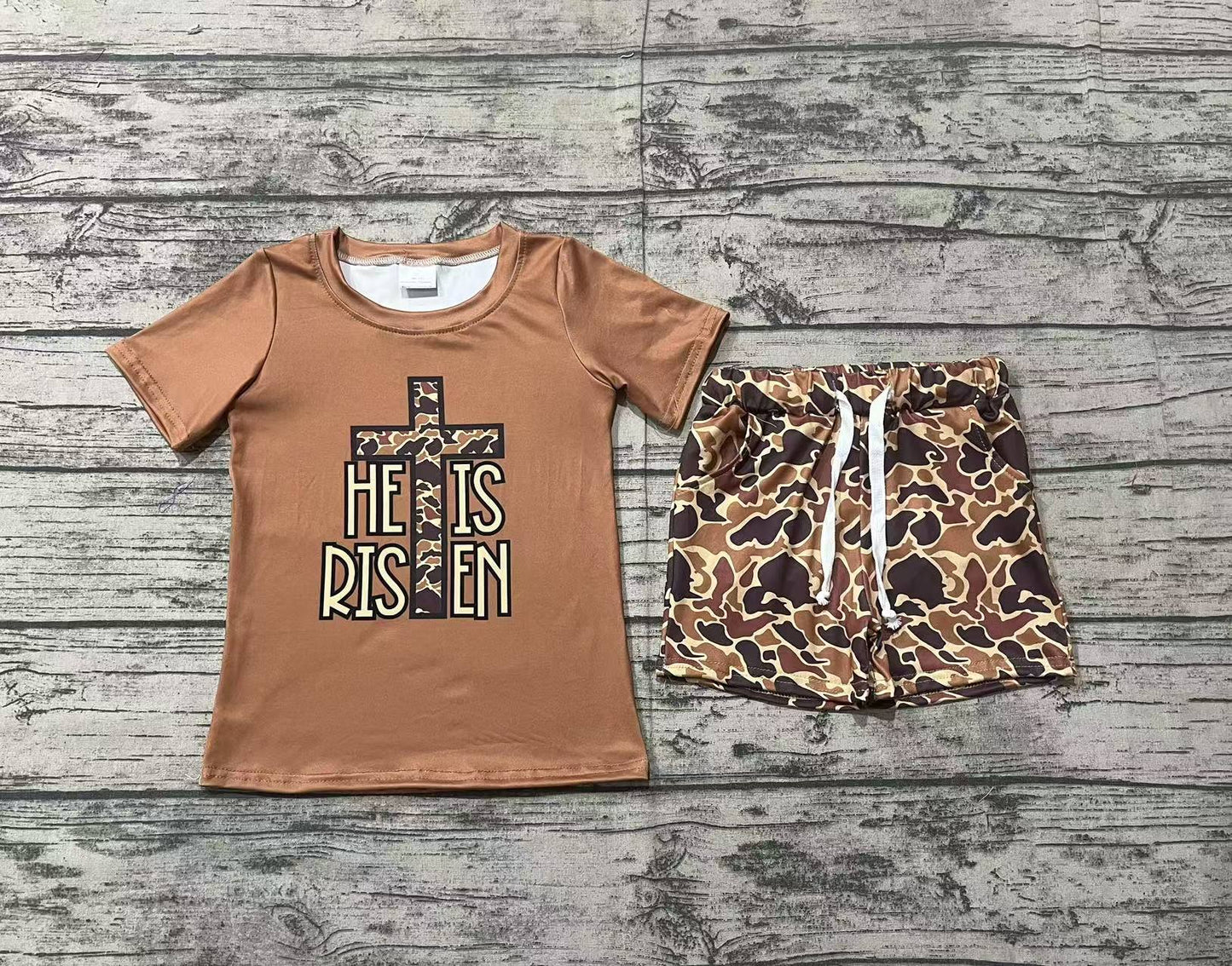 Baby Boy Kids Short Sleeves He Is Risen Cross Shirt Camo Shorts Clothes Summer Set