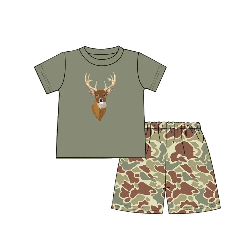 Preorder Baby Boy Short Sleeves Deer Green Shirt Camo Shorts Clothes Set