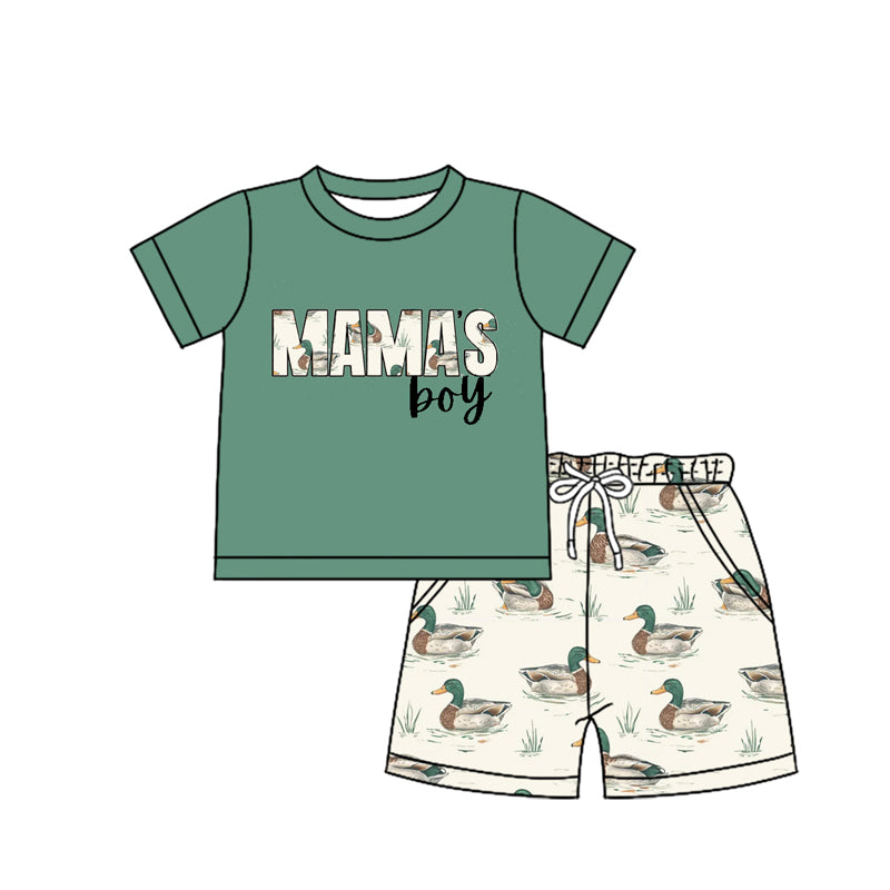 Preorder Baby Kids Green Short Sleeves Mama's Boy Tee Shirt Ducks Pocket Shorts Clothes Set