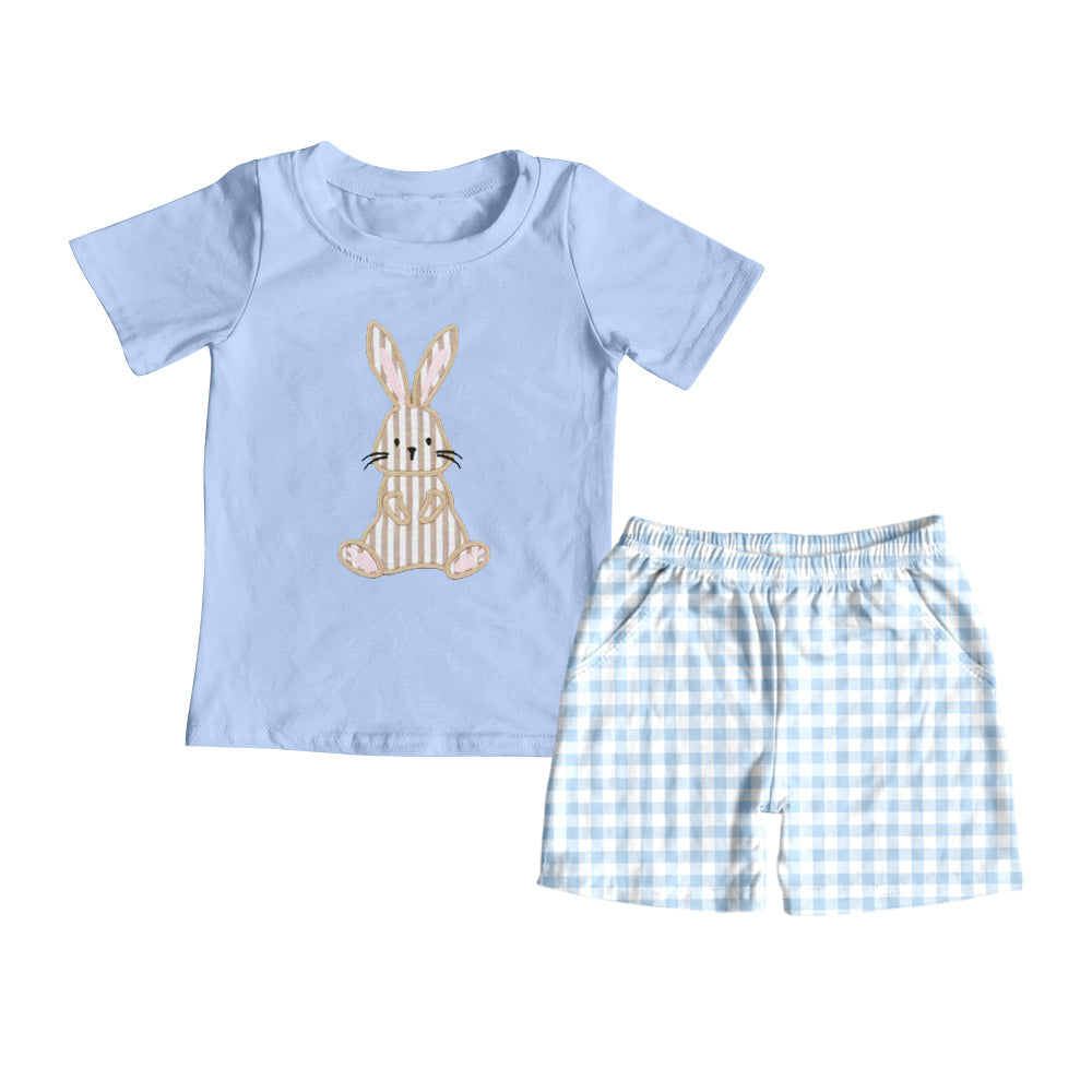 Preorder Baby Boy Short Sleeves Easter Rabbit Blue Shirt Plaid Shorts Clothes Set