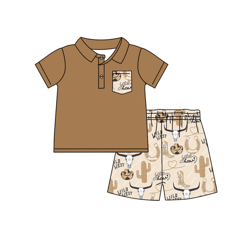 Preorder Baby Boy Short Sleeves Wild Western Cactus Cow Shirt Shorts Clothes Set