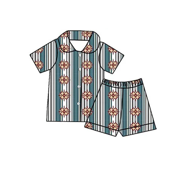 Preorder Baby Boy Short Sleeves Western Aztec Button Up Shirt Shorts Pajamas Clothes Set
