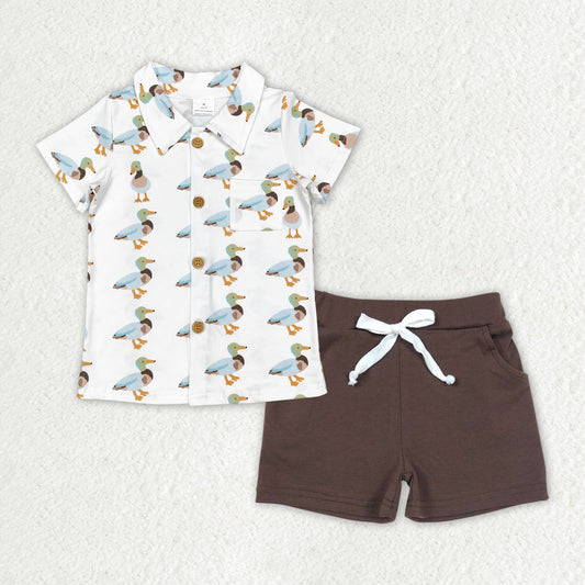 Baby Boy Short Sleeves Ducks Buttons Shirt Brown Pocket Shorts Clothes Set