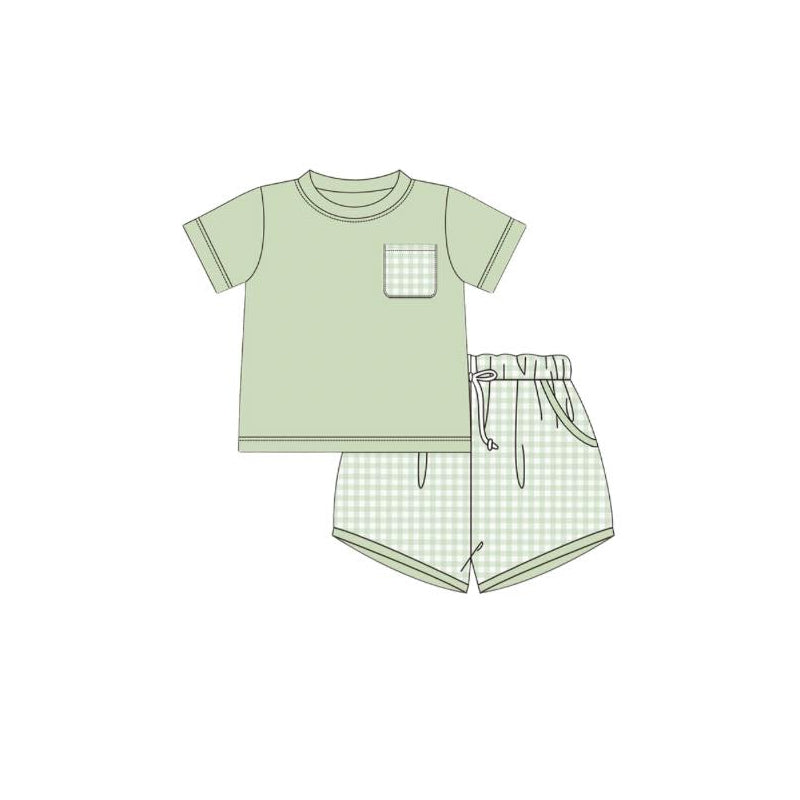 Preorder Baby Boy Short Sleeves Green Pocket Shirt Checkered Shorts Clothes Set