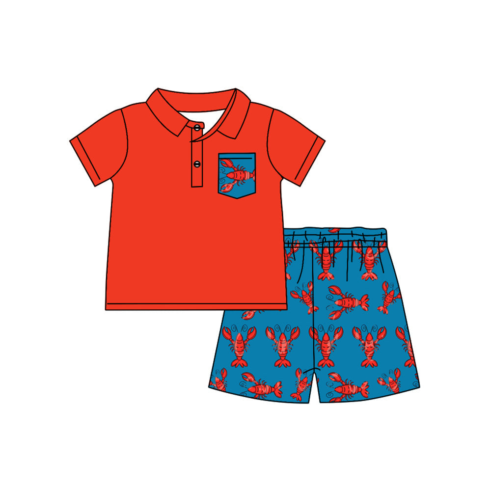 Preorder Baby Boy Short Sleeves Pocket Red Shirt Crawfish Shorts Clothes Set