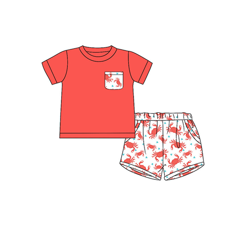Preorder Baby Boy Short Sleeves Red Pocket Shirt Crabs Shorts Clothes Set