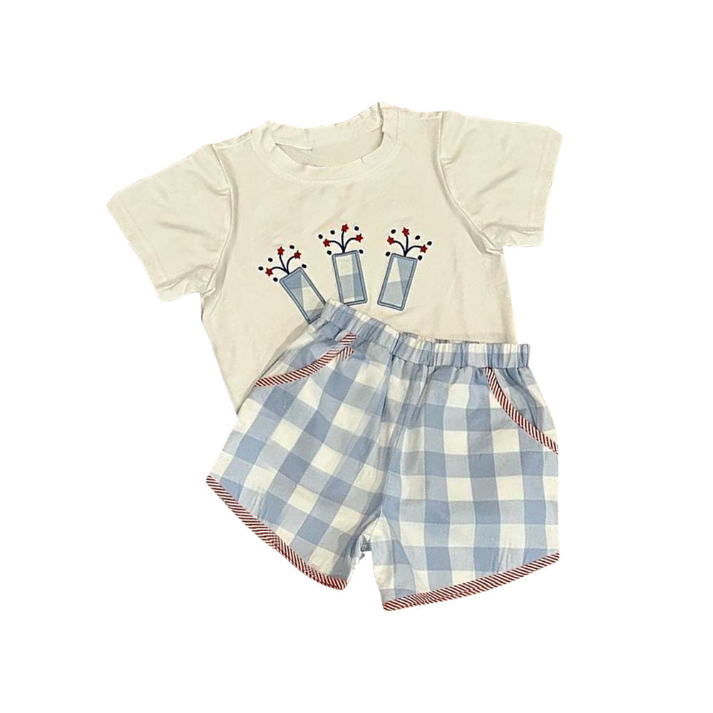Preorder Baby Boy Short Sleeves July 4th Shirt Plaid Pocket Shorts Clothes Set