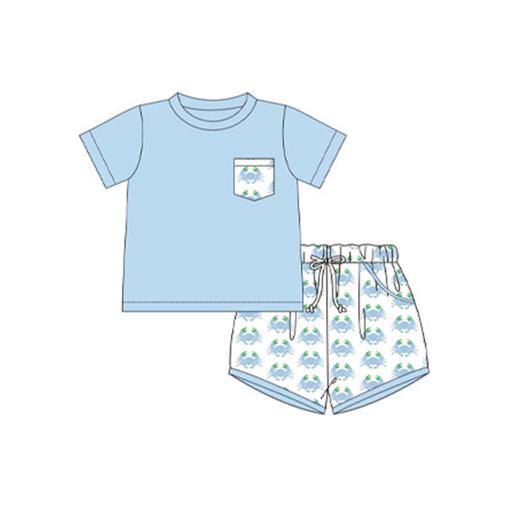 Preorder Baby Boy Short Sleeves Blue Shirt Crabs Pockets Shorts Clothes Set