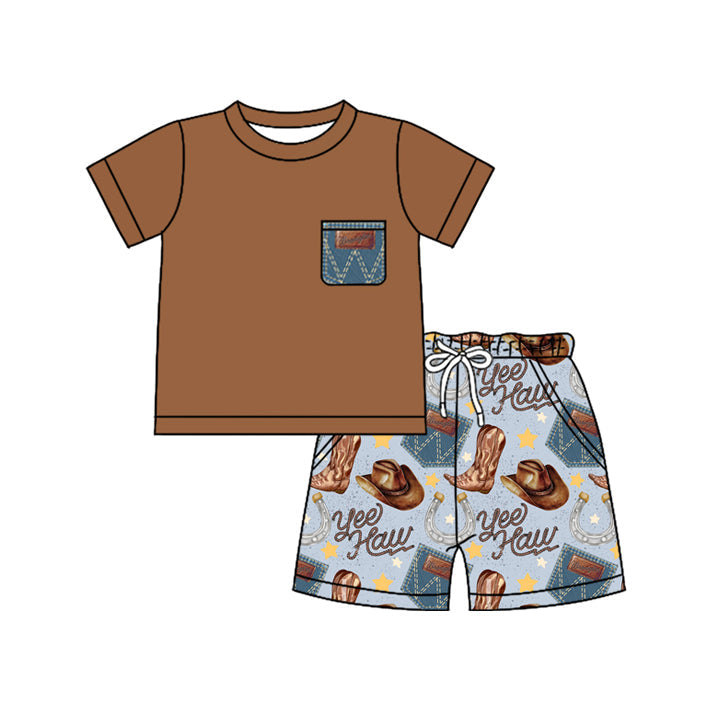 Preorder Baby Boy Brown Short Sleeves Western Shirt Boots Pockets Shorts Clothes Set