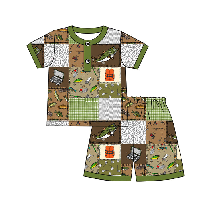 Preorder Baby Boy Short Sleeves Fishing Shirt Plaid Shorts Pajamas Clothes Set