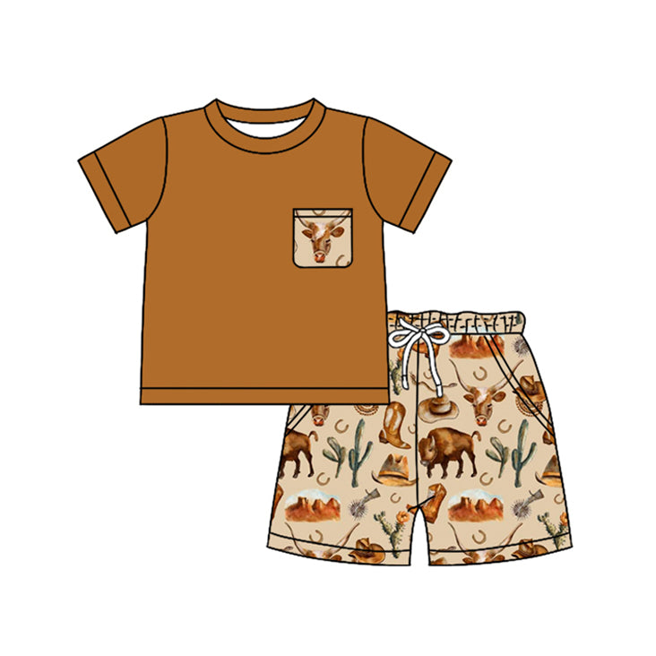 Preorder Baby Boy Short Sleeves Brown Shirt Western Cow Pockets Shorts Clothes Set