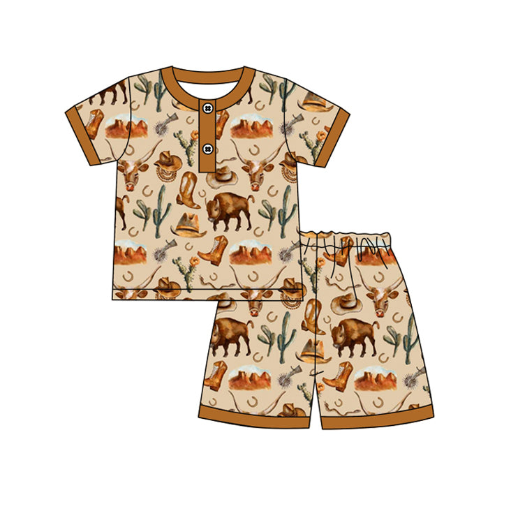 Preorder Baby Boy Short Sleeves Brown Shirt Western Cow Shorts Pajamas Clothes Set