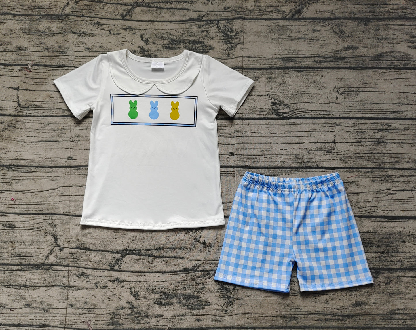 Preorder Baby Boy Short Sleeves Rabbits White Shirt Blue Plaid Shorts Easter Clothes Set RTS