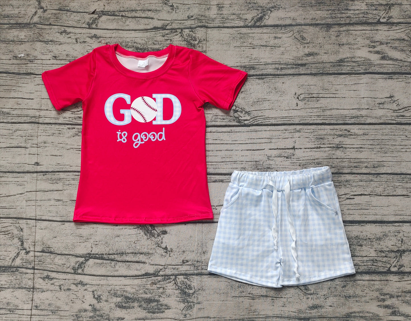 Baby Boy Short Sleeves God is Good Baseball Red Shirt Checked Pockets Shorts Set RTS