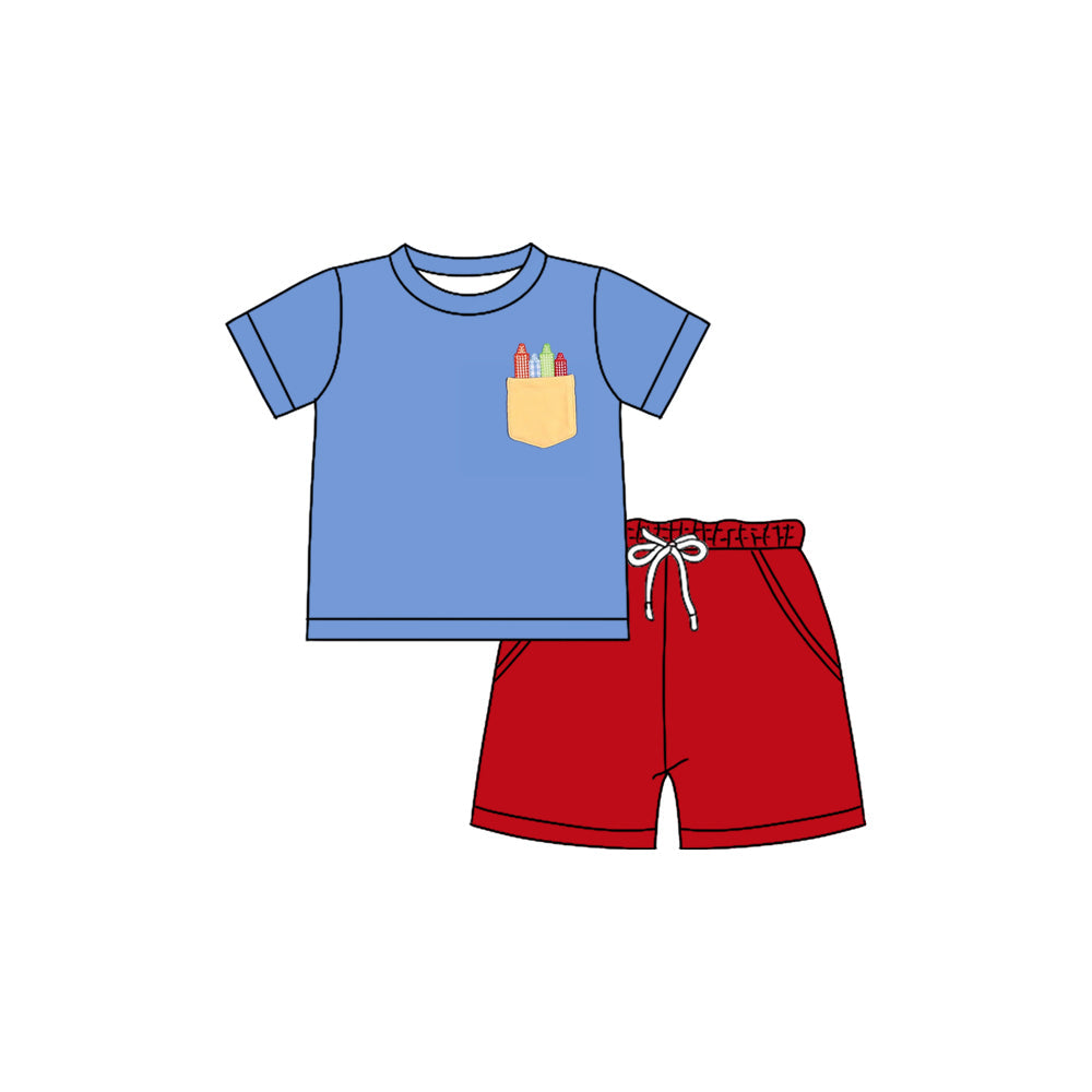 Preorder Short Sleeves Pen Blue Shirt Red Pockets Shorts Back to School Clothes Set