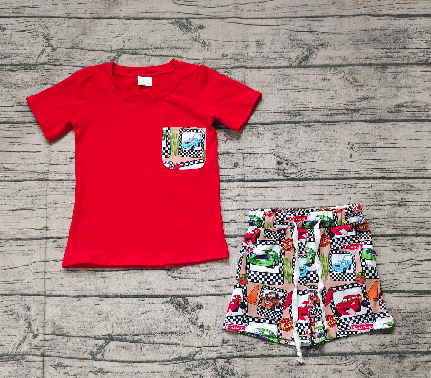 Baby Boy Red Short Sleeves Pocket Shirt Car Cactus Shorts Clothes Set RTS