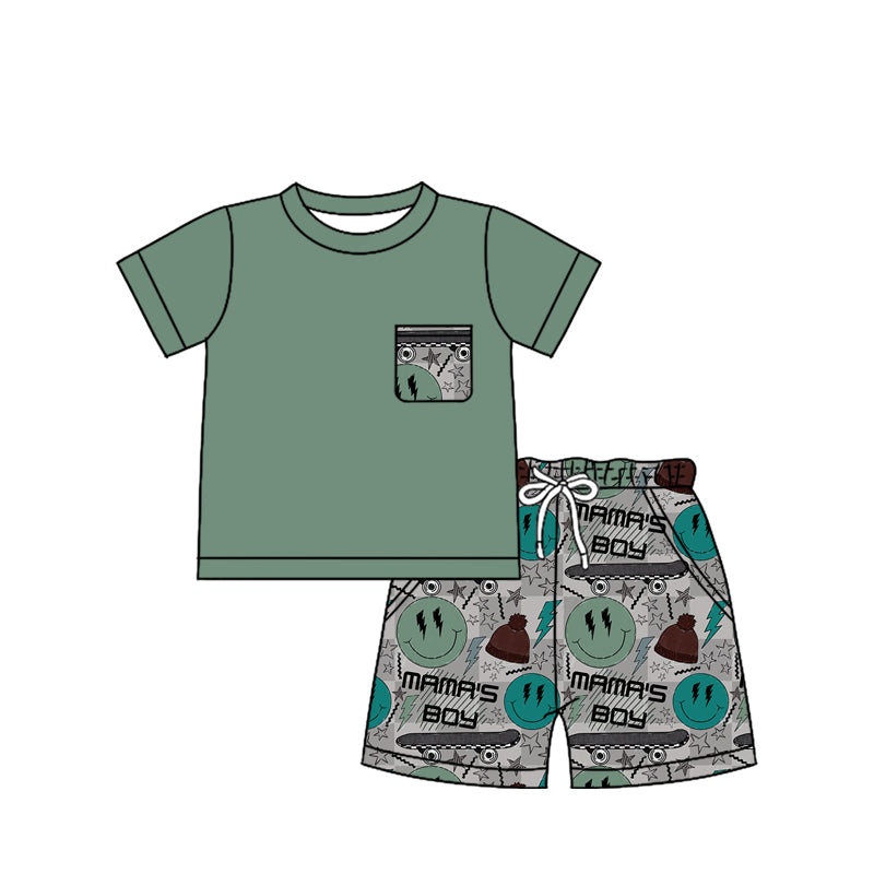 Preorder Baby Kids Short Sleeves Pocket Green Shirt Mama's Boy Shorts Pajamas Clothes Set