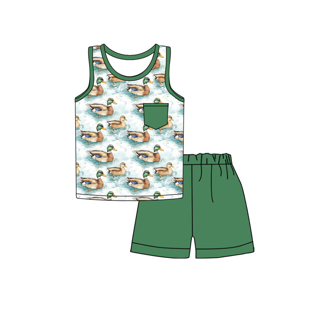 Preorder Baby Boy Sleeveless Ducks Pocket Shirt Green Shorts Clothes Set