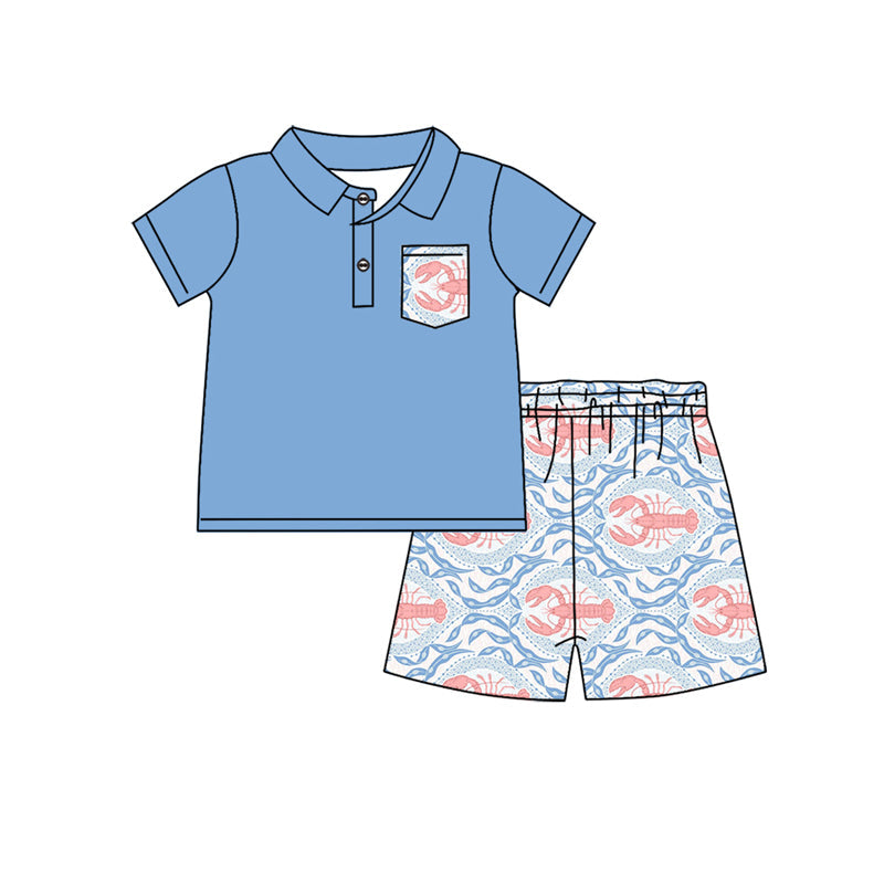 Preorder Baby Boy Short Sleeves Pocket Blue Shirt Crawfish Shorts Clothes Set