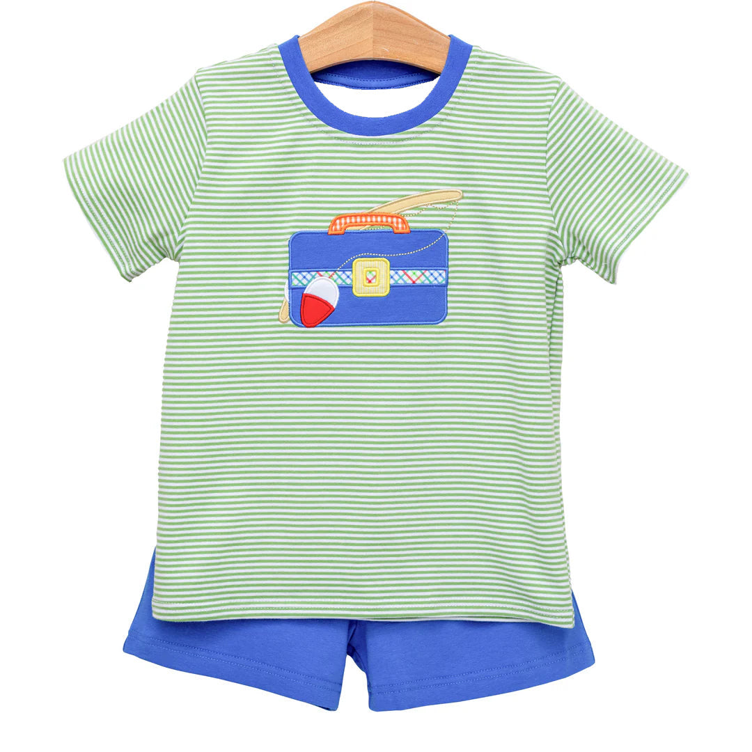Preorder Baby Boy Short Sleeves Fishing Box Shirt Cotton Blue Shorts Set ( Moq 5 )