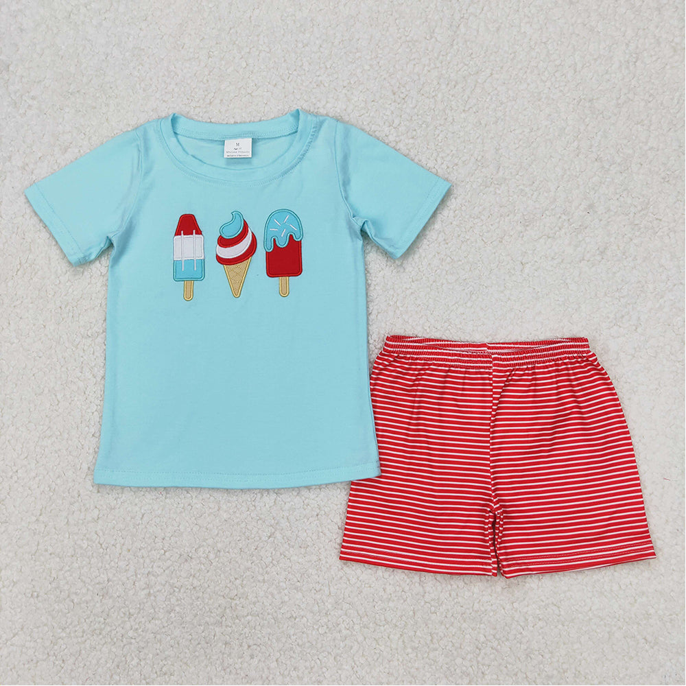 Sibling Baby Boys Short Sleeves Embroidery Popsicle Stripes Shirts Shorts Sets Clothes RTS