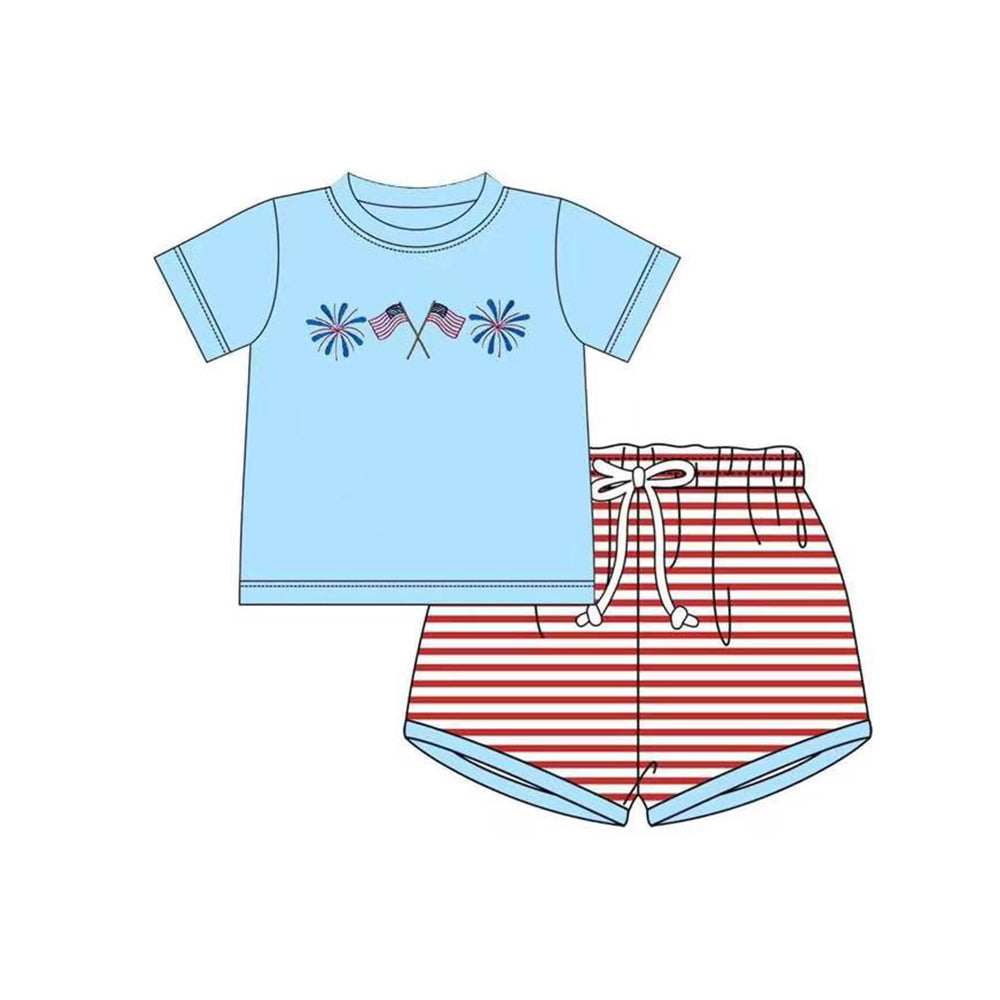 Preorder Baby Boy Short Sleeves Flag Fireworks Blue Shirt July 4th Stripes Shorts Set ( Moq 5 )
