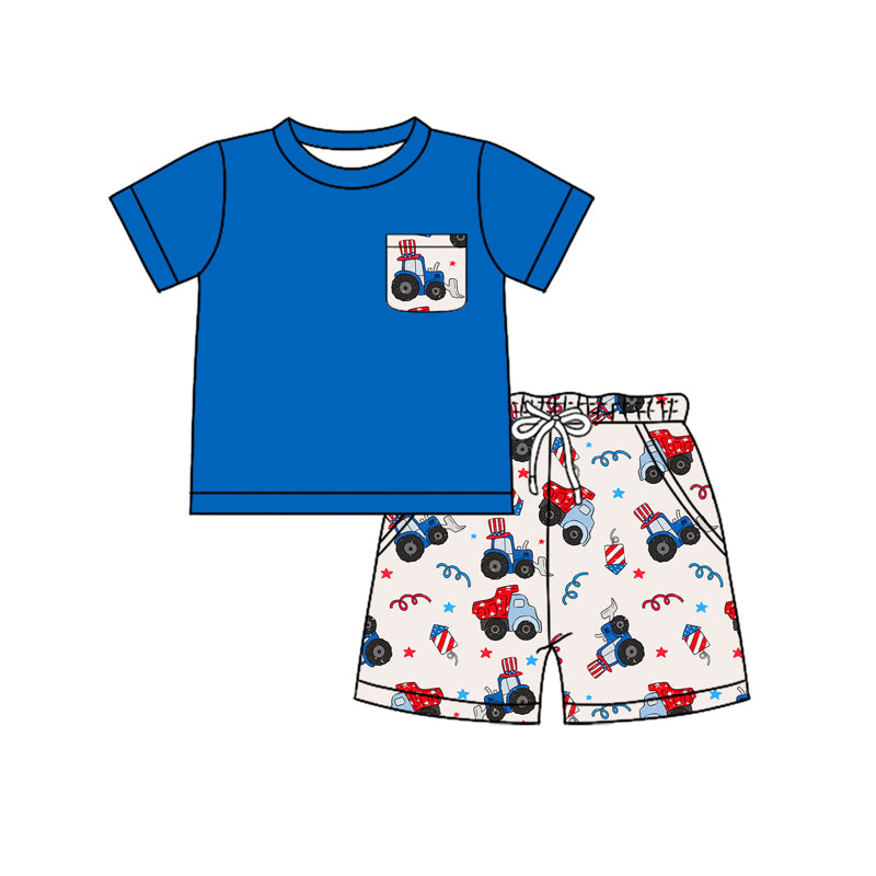 Preorder Baby Boy Blue Short Sleeves Shirt Construction Shorts Clothes July 4th Set ( Moq 5 )