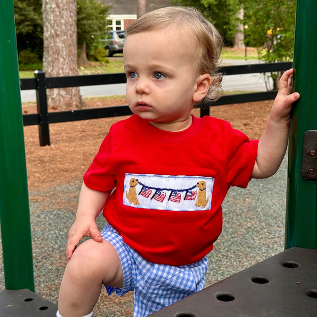 Preorder Baby Boy Short Sleeves 4th Of July Dogs Flags Shirt Plaid Shorts Clothes Set ( Moq 5 )