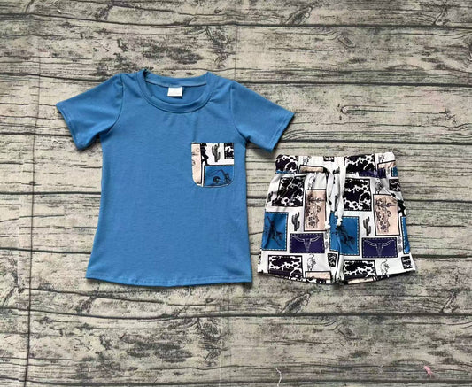 Preorder Baby Boy Short Sleeves Pocket Shirt Western Rodeo Shorts Clothes Set ( No moq )