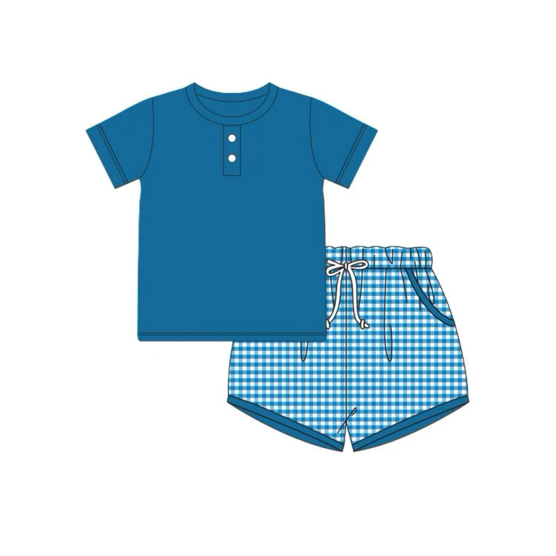 Preorder Baby Boy Short Sleeves Blue Buttons Shirt Checked Pockets Shorts Clothes Set ( Moq 5 )