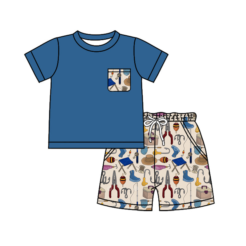 Preorder Baby Boy Short Sleeves Blue Pocket Shirt Fishing Shorts Clothes Set ( Moq 5 )