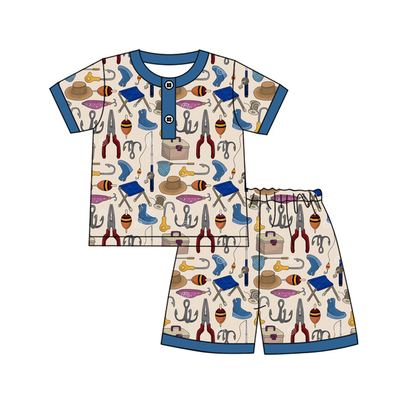 Preorder Baby Boy Short Sleeves Shirt Fishing Shorts Pajamas Clothes Set ( Moq 5 )