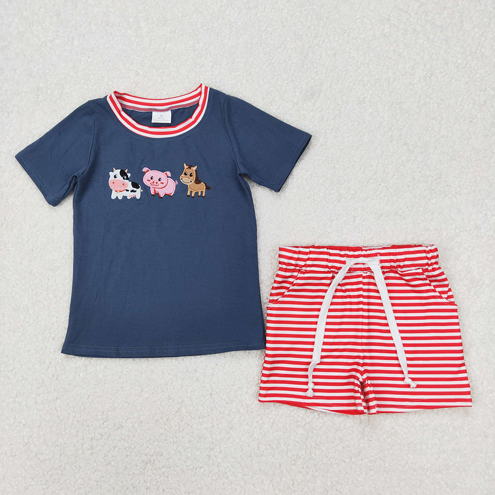 Baby Boy Girl Short Sleeves Embroidery Farm Animals Sibling Outfit RTS