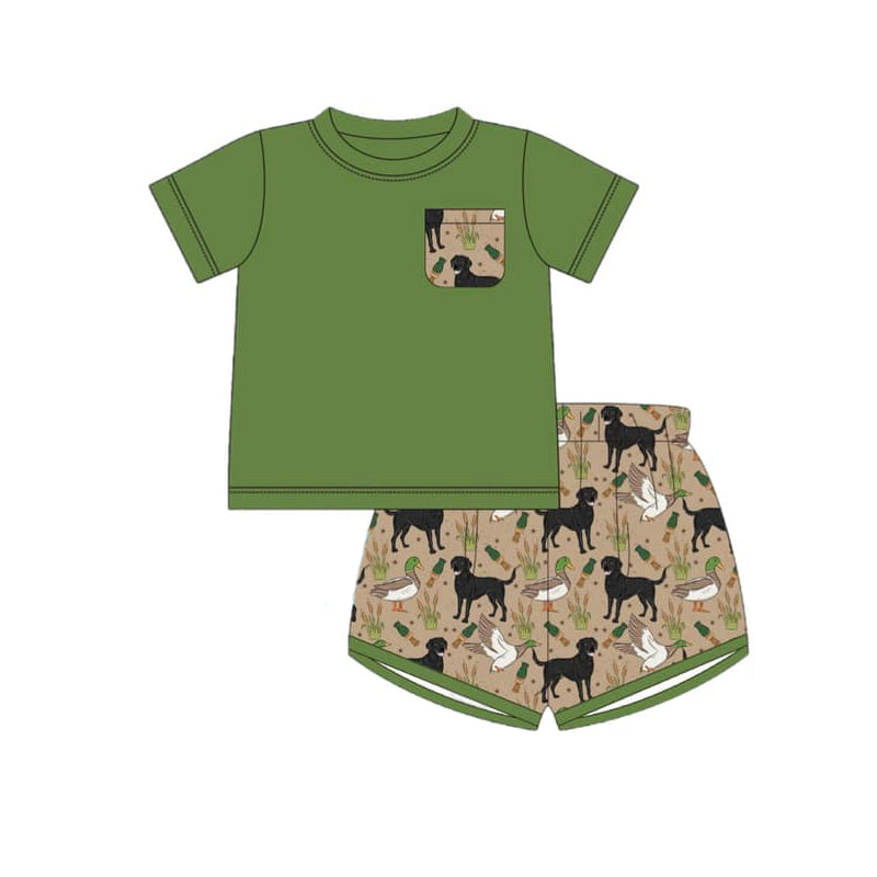 Preorder Baby Boy Short Sleeves Pocket Green Shirt Dogs Ducks Shorts Hunting Set ( Moq 5 )