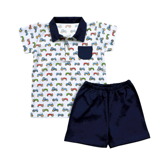 Preorder Baby Boy Short Sleeves Tractors Pocket Shirt Shorts Clothes Set ( Moq 5 )