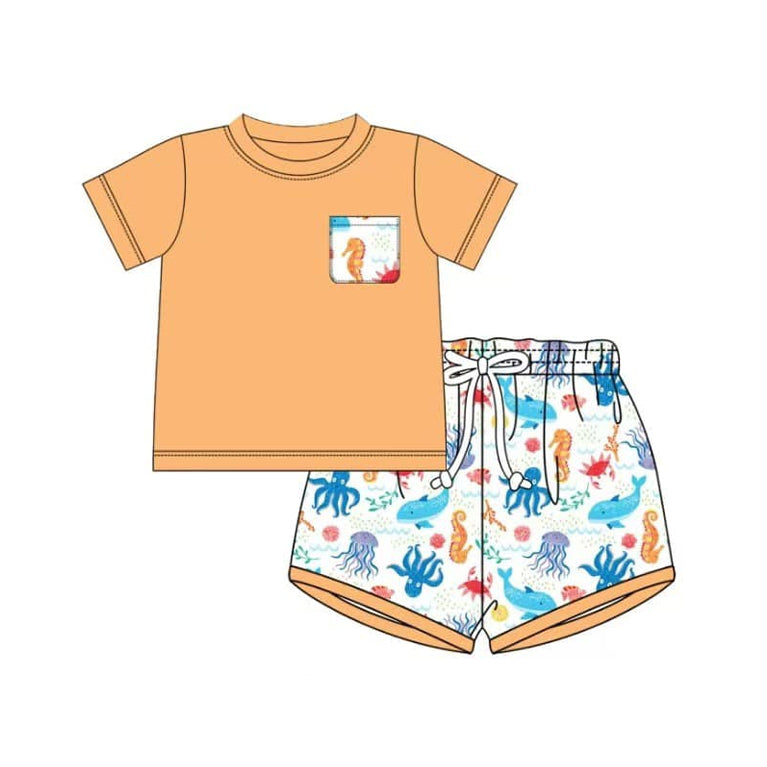 Baby Boy Short Sleeves Pocket Shirt Ocean Animals Shorts Clothes Set RTS