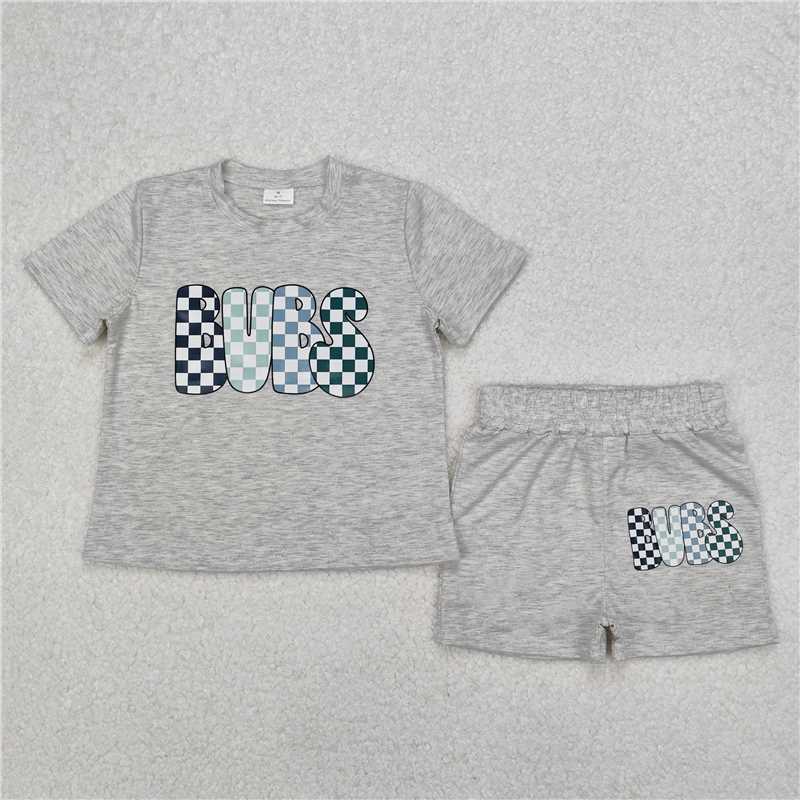 Baby Boy Girl Short Sleeves Vinyl Shirt Cotton Grey Shorts Sibling Clothes Set RTS