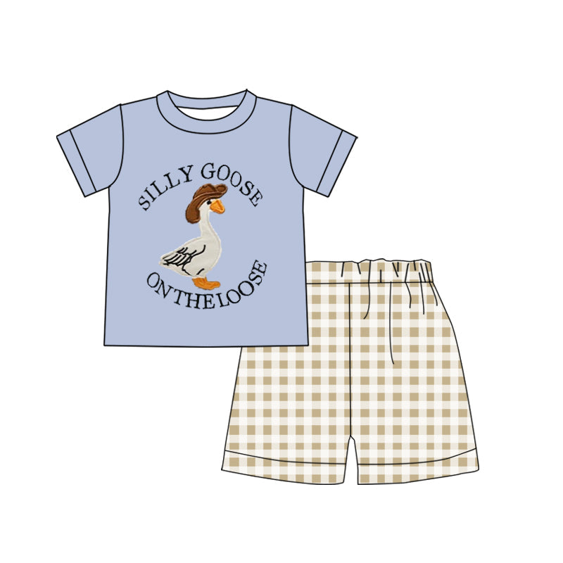 Baby Boy Kids Toddler Silly Goose Shirt Checkered Shorts Clothes Set RTS