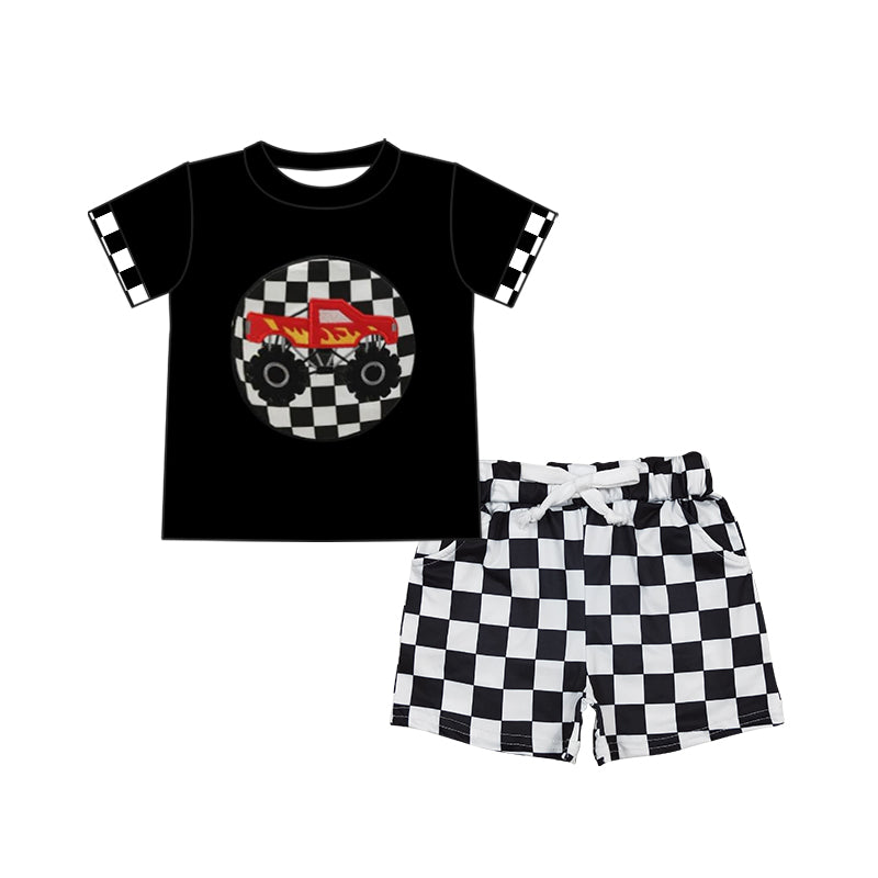 Preorder Baby Boy Kids Toddler Checkered Truck Shirt Camo Shorts Clothes Set ( Moq 5 )