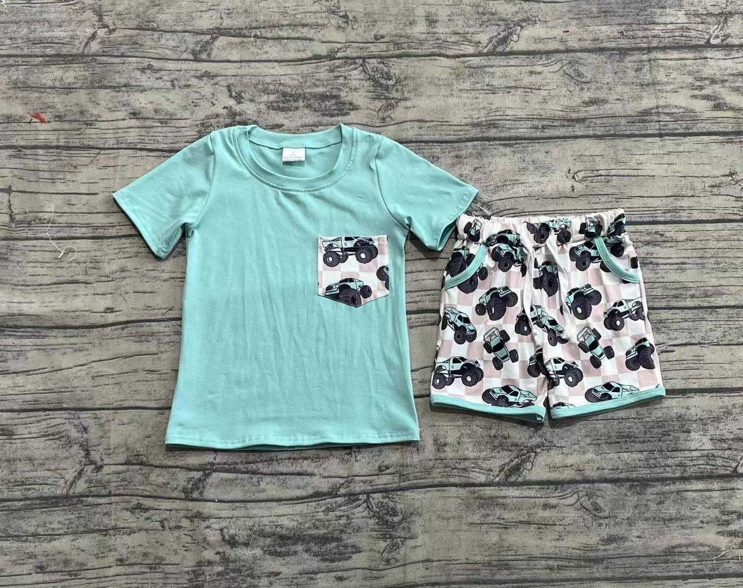 Baby Boy Short Sleeves Green Pocket Shirt Trucks Checked Shorts Clothes Set RTS