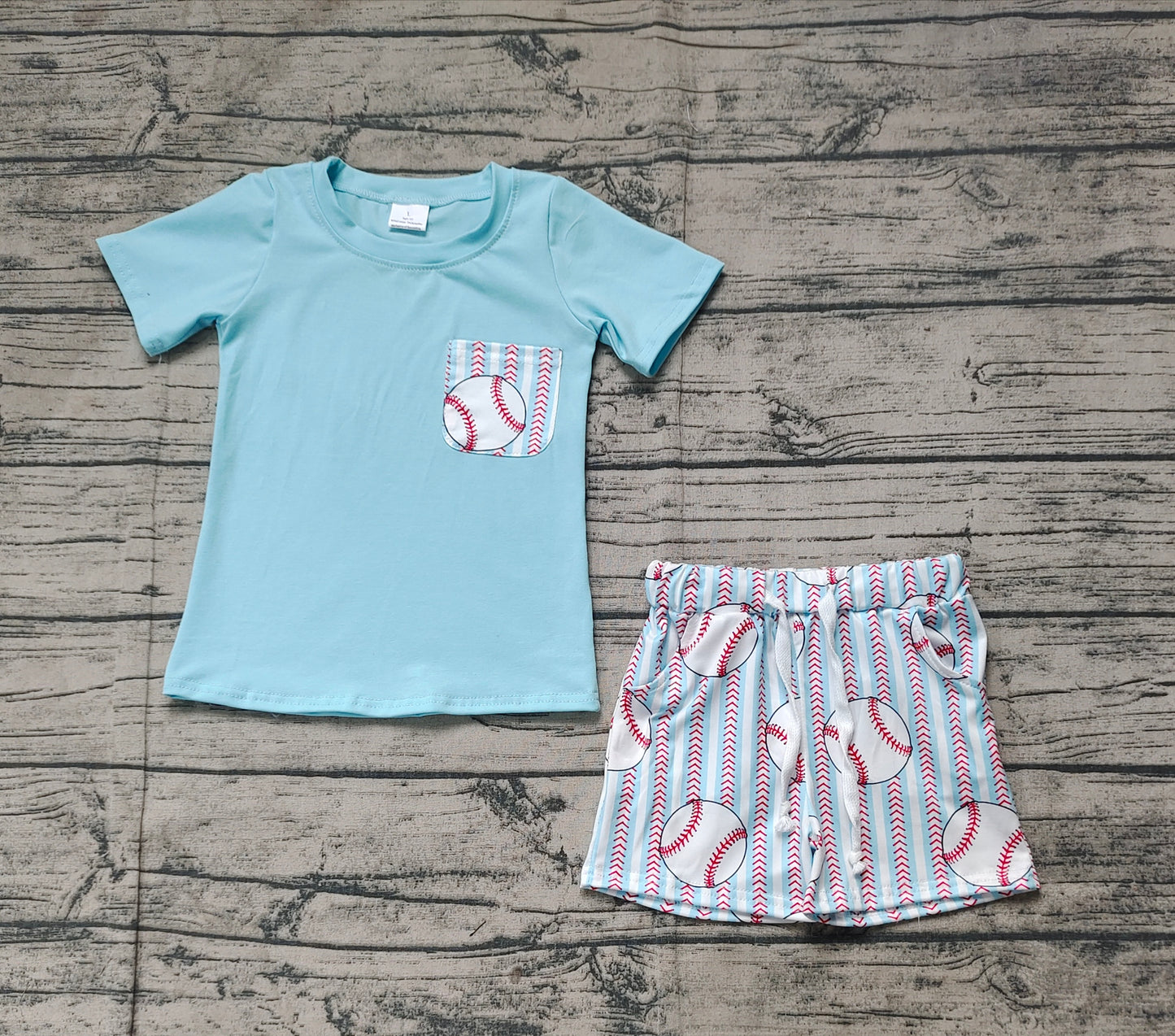 Baby Boy Kids Toddler Pocket Blue Shirt Baseball Stripes Shorts Clothes Set RTS